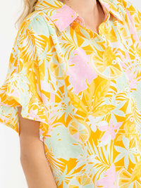 WOMEN'S SHORT SLEEVE BUTTON UP FLORAL PRINT BLOUSE