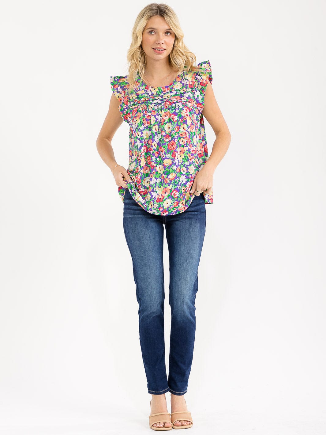 WOMEN'S RUFFLE SLEEVE V-NECK FLORAL PRINT BLOUSE