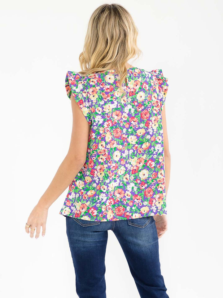 WOMEN'S RUFFLE SLEEVE V-NECK FLORAL PRINT BLOUSE
