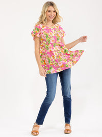 WOMEN'S SHORT RUFFLE SLEEVE TIERED FLORAL PRINT BLOUSE