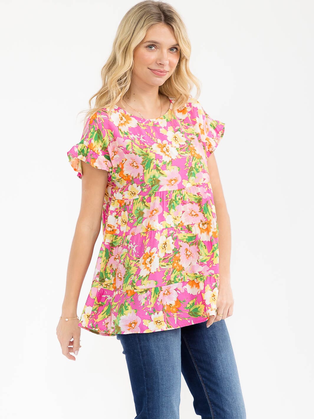 WOMEN'S SHORT RUFFLE SLEEVE TIERED FLORAL PRINT BLOUSE