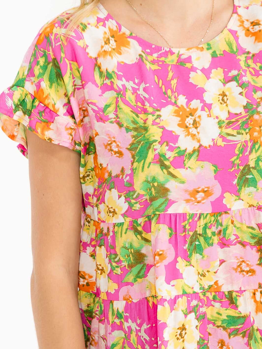WOMEN'S SHORT RUFFLE SLEEVE TIERED FLORAL PRINT BLOUSE