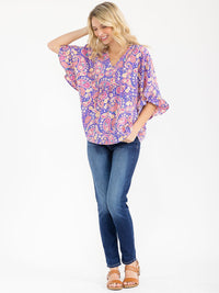 WOMEN'S SHORT RUFFLE SLEEVE V-NECK MULTI PRINT BLOUSE