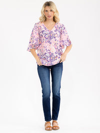 WOMEN'S SHORT SLEEVE V-NECK MULTI PRINT BLOUSE