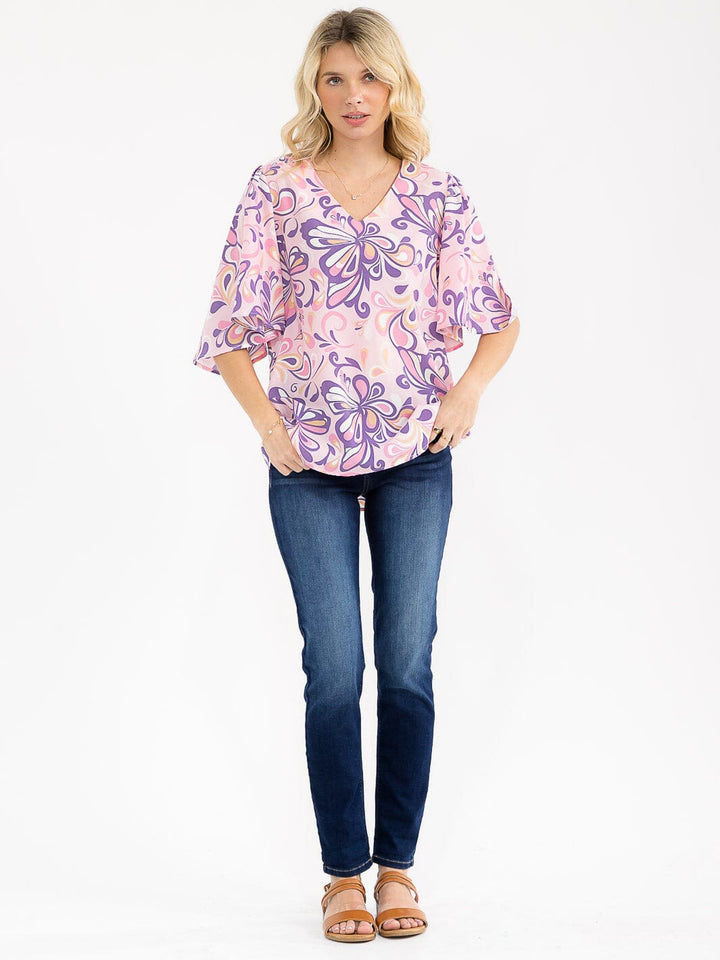 WOMEN'S SHORT SLEEVE V-NECK MULTI PRINT BLOUSE