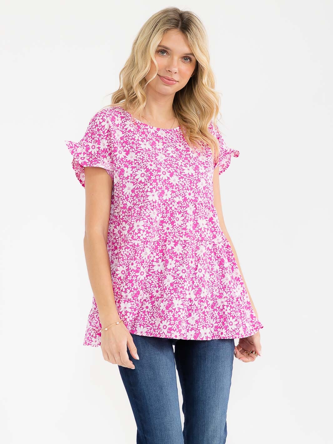 WOMEN'S SHORT RUFFLE SLEEVE TIERED FLORAL PRINT BLOUSE