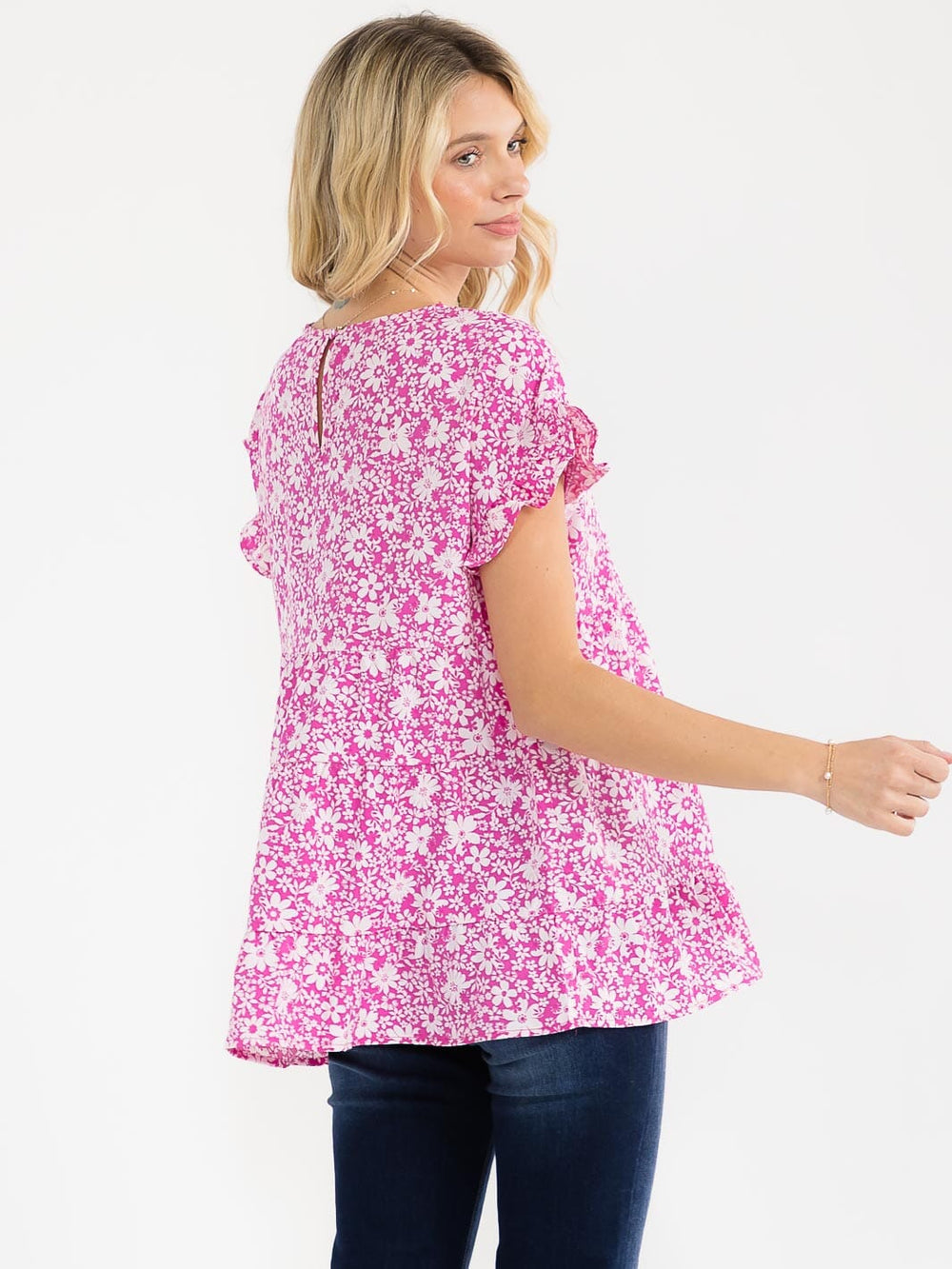 WOMEN'S SHORT RUFFLE SLEEVE TIERED FLORAL PRINT BLOUSE