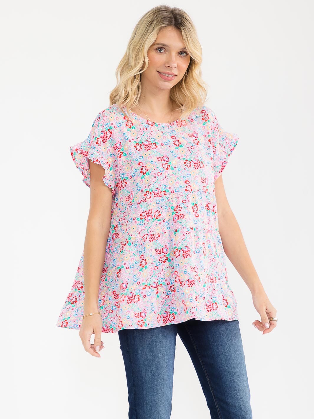 WOMEN'S SHORT RUFFLE SLEEVE TIERED FLORAL PRINT BLOUSE