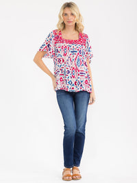 WOMEN'S SHORT SLEEVE SQUARE NECK MULTI PRINT EMBROIDERY BLOUSE