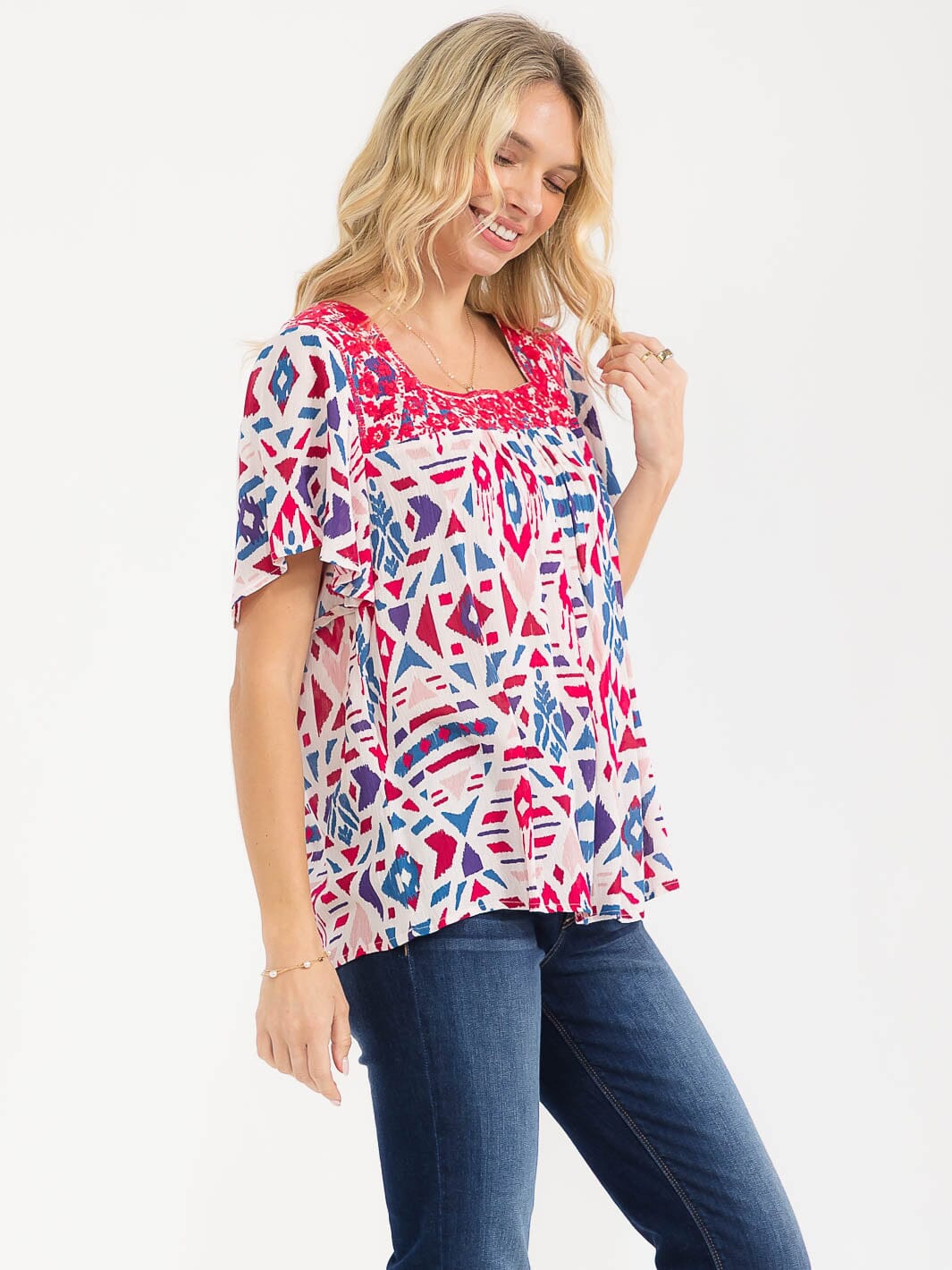 WOMEN'S SHORT SLEEVE SQUARE NECK MULTI PRINT EMBROIDERY BLOUSE