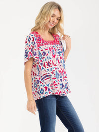 WOMEN'S SHORT SLEEVE SQUARE NECK MULTI PRINT EMBROIDERY BLOUSE