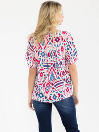 WOMEN'S SHORT SLEEVE SQUARE NECK MULTI PRINT EMBROIDERY BLOUSE