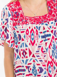 WOMEN'S SHORT SLEEVE SQUARE NECK MULTI PRINT EMBROIDERY BLOUSE