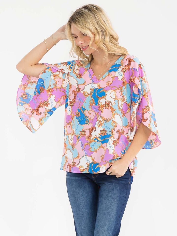 WOMEN'S SHORT BELL SLEEVE V-NECK MULTI PRINT BLOUSE