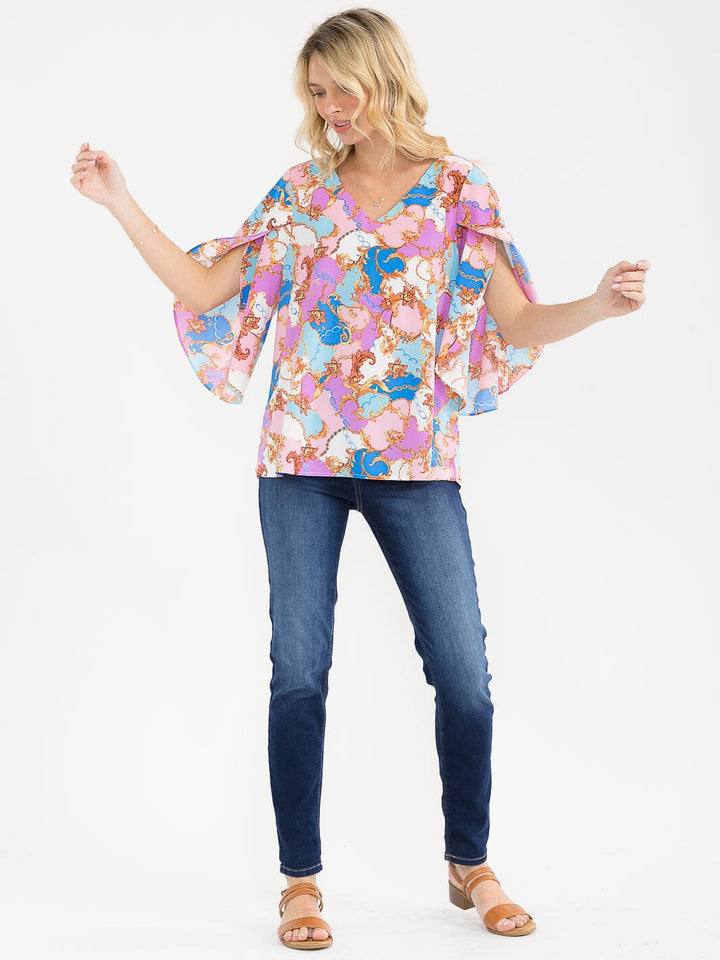 WOMEN'S SHORT BELL SLEEVE V-NECK MULTI PRINT BLOUSE