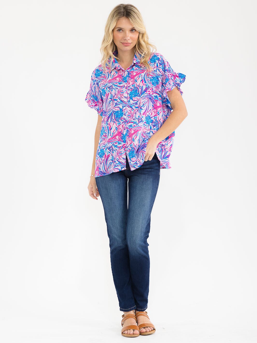 WOMEN'S SHORT SLEEVE BUTTON UP FLORAL PRINT BLOUSE