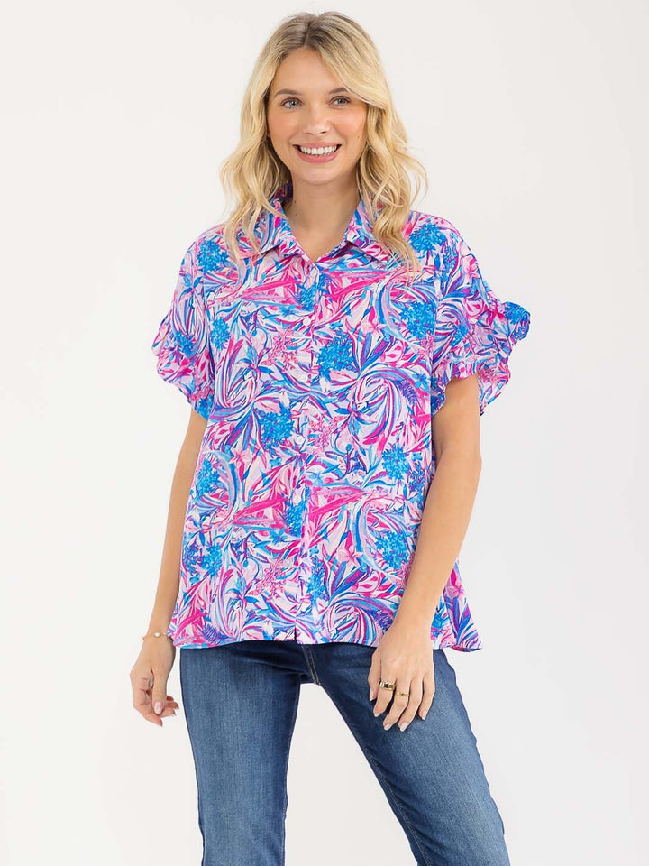 WOMEN'S SHORT SLEEVE BUTTON UP FLORAL PRINT BLOUSE