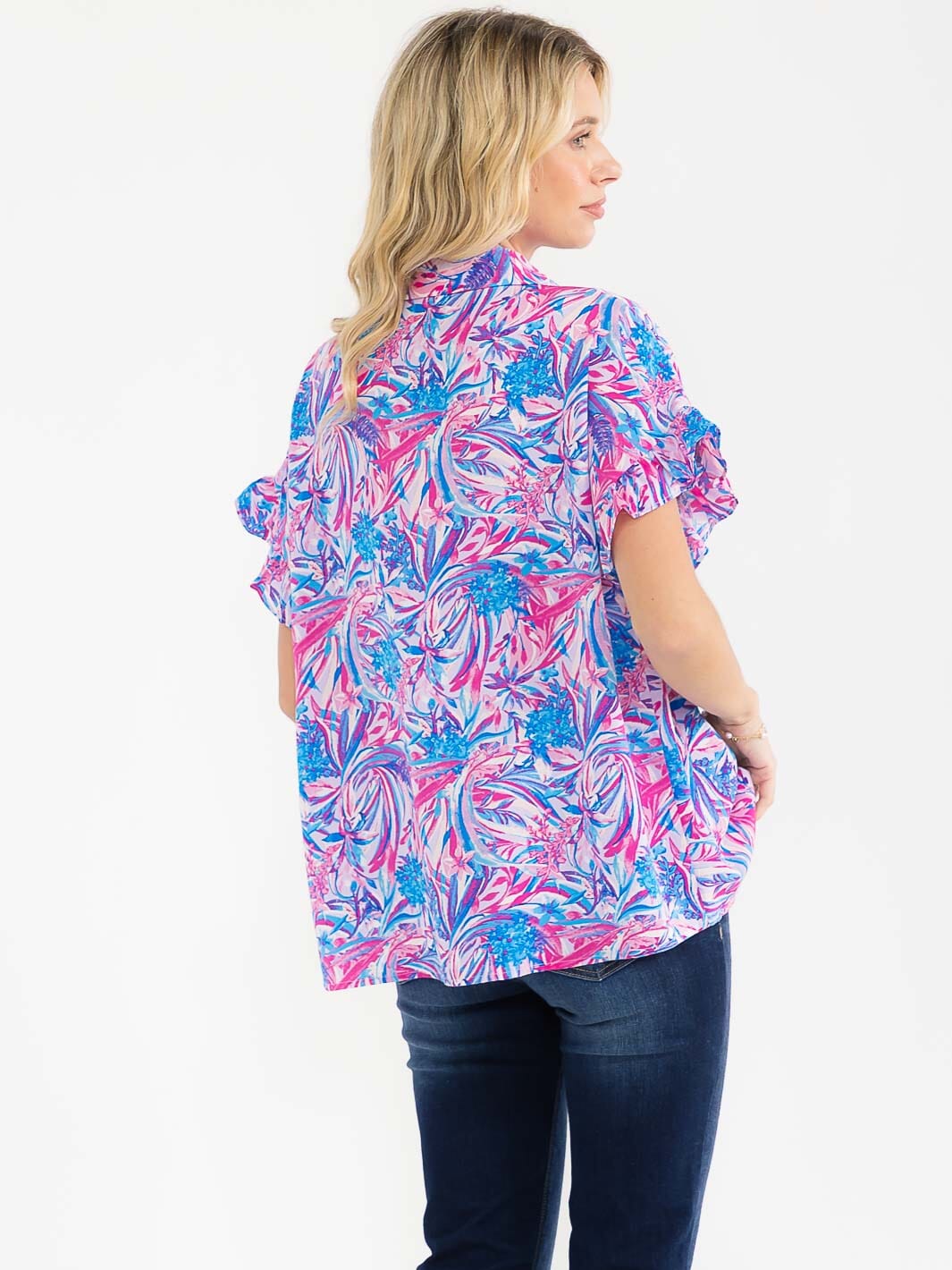WOMEN'S SHORT SLEEVE BUTTON UP FLORAL PRINT BLOUSE