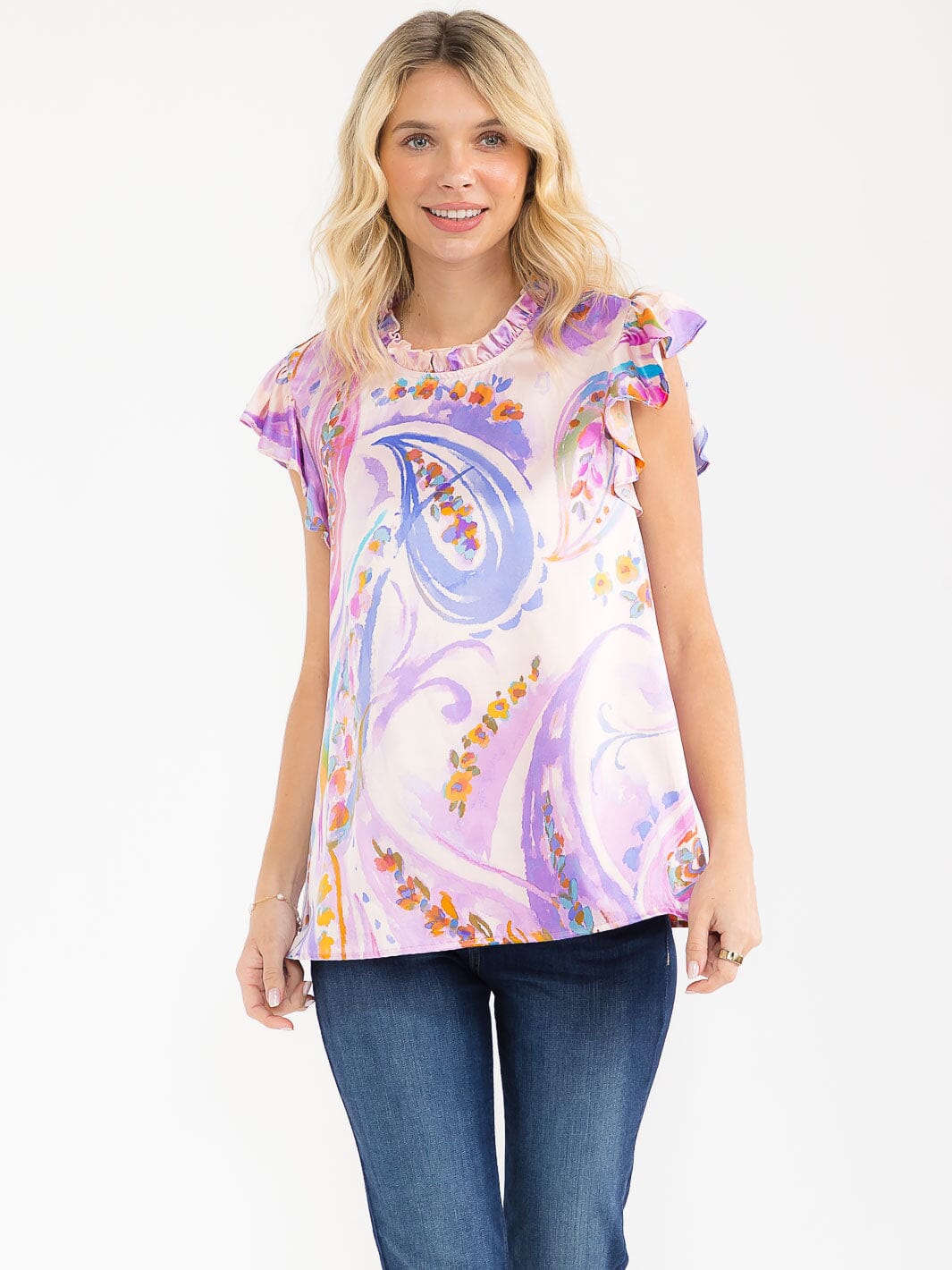 WOMEN'S RUFFLE SLEEVE MULTI PRINT BLOUSE