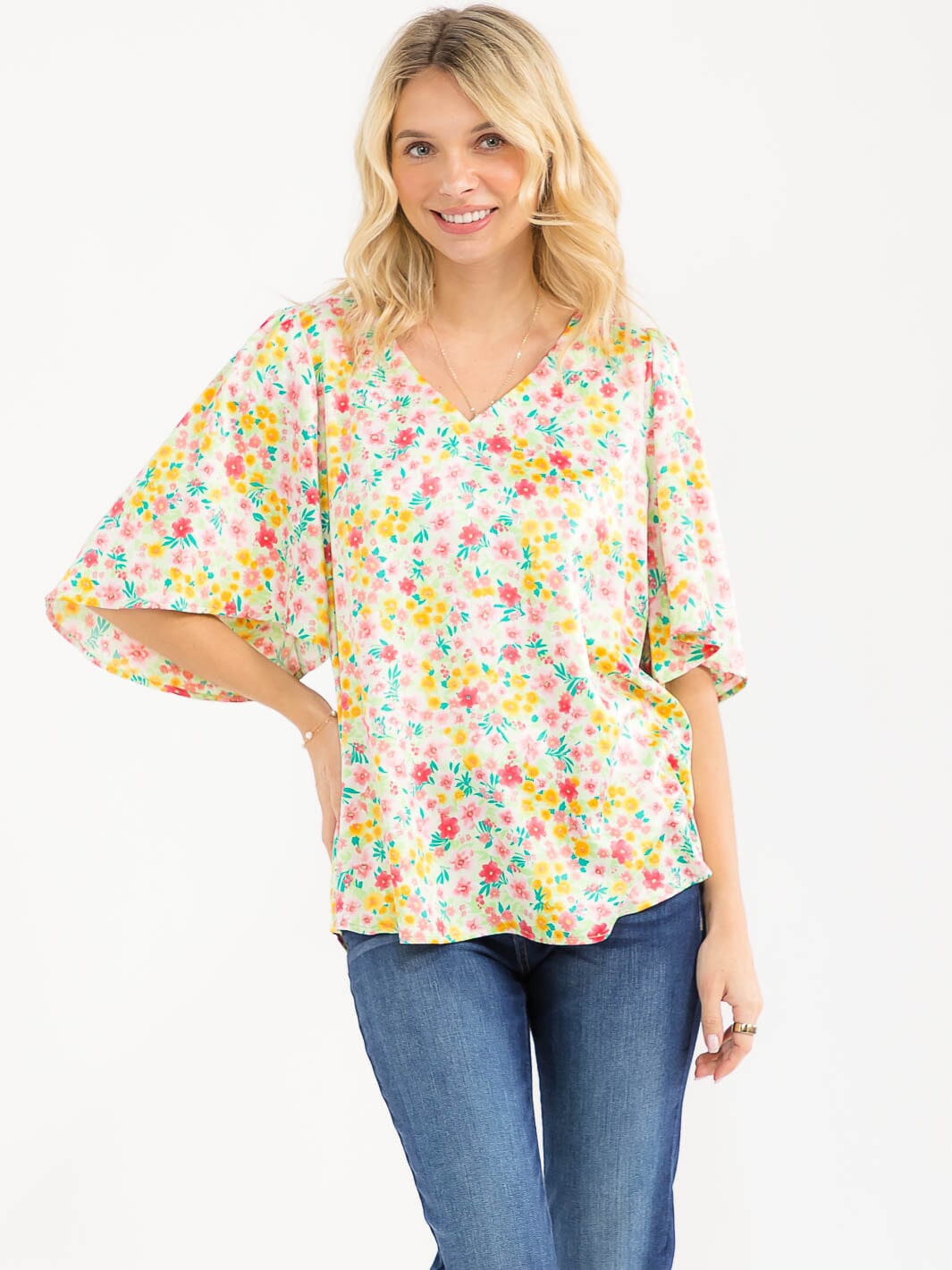 WOMEN'S SHORT SLEEVE V-NECK FLORAL PRINT BLOUSE