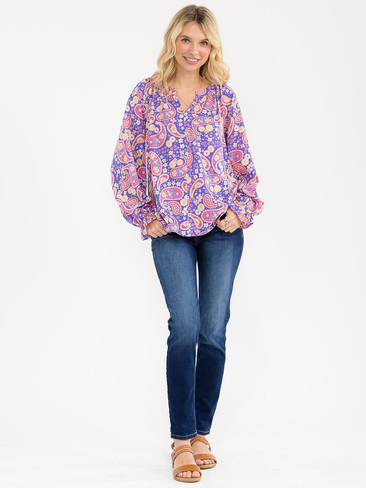 WOMEN'S LONG SLEEVE V-NECK MULTI PRINT BLOUSE