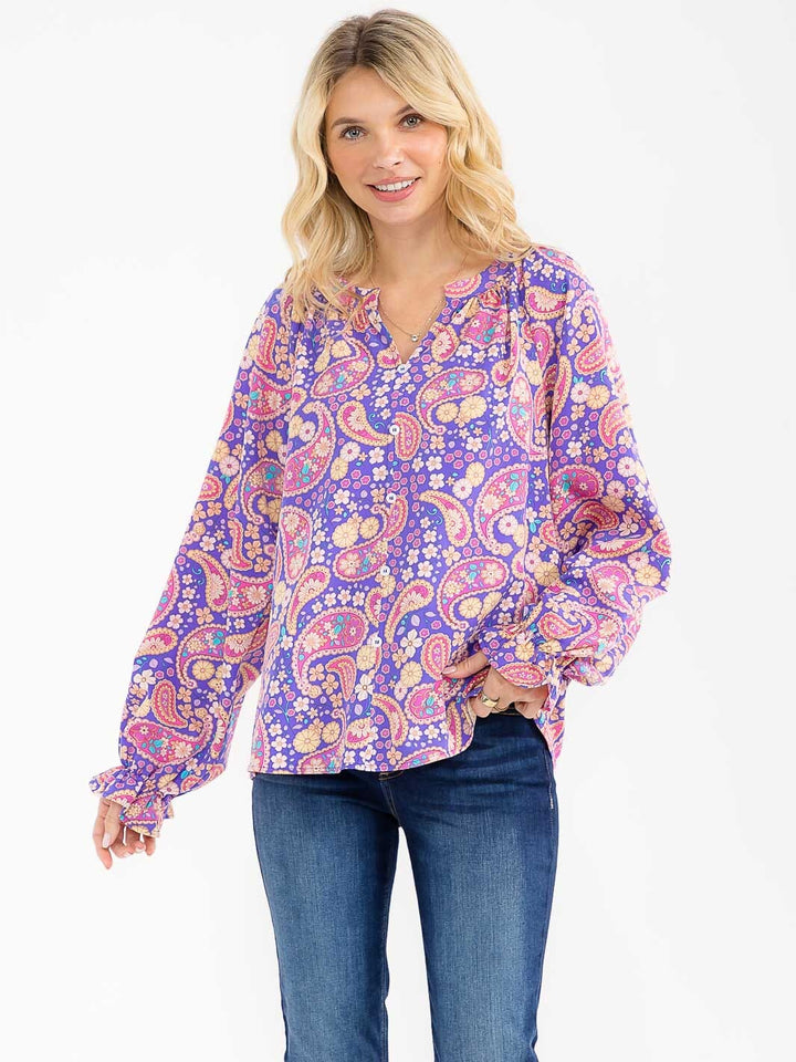 WOMEN'S LONG SLEEVE V-NECK MULTI PRINT BLOUSE