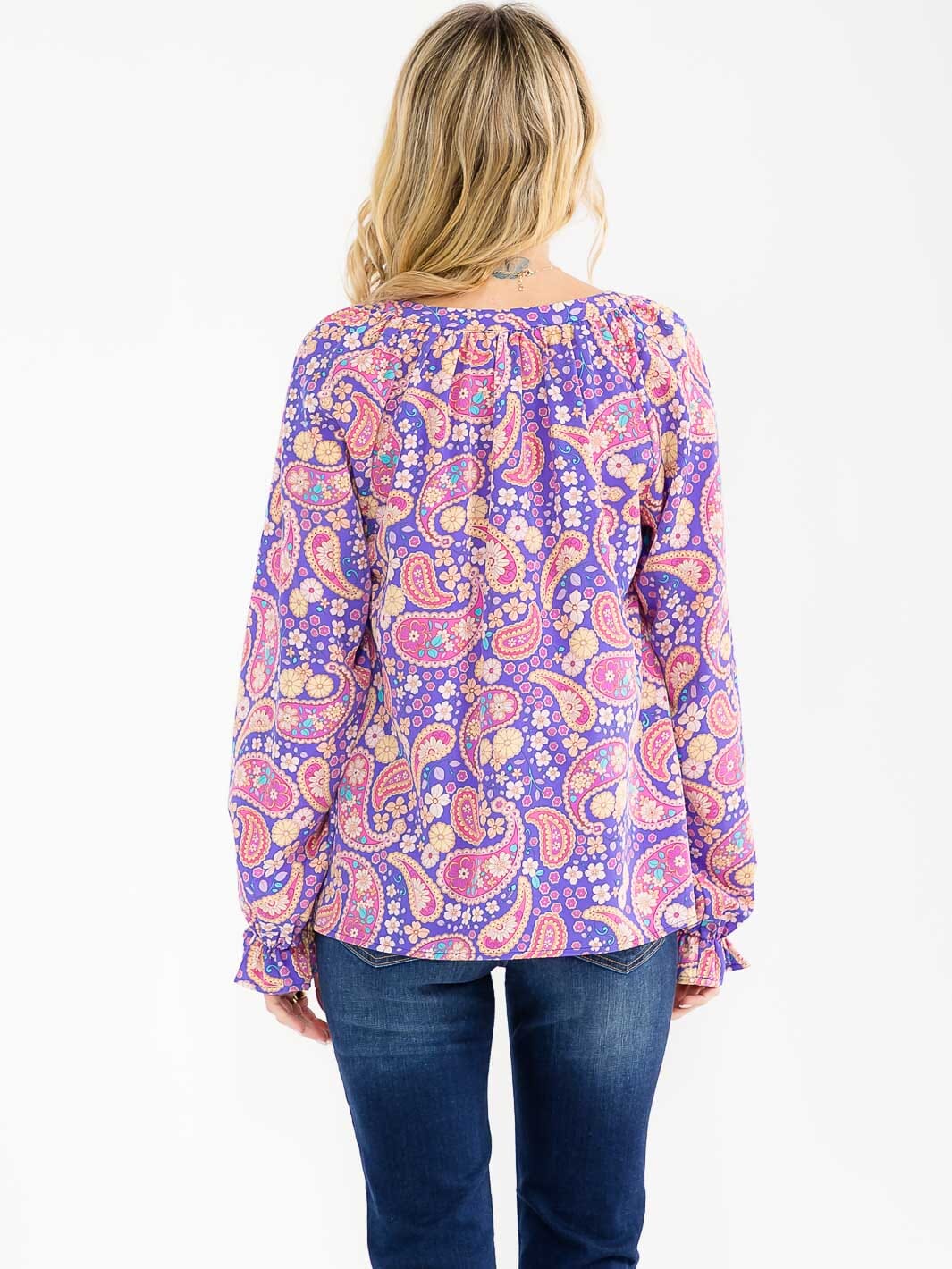 WOMEN'S LONG SLEEVE V-NECK MULTI PRINT BLOUSE