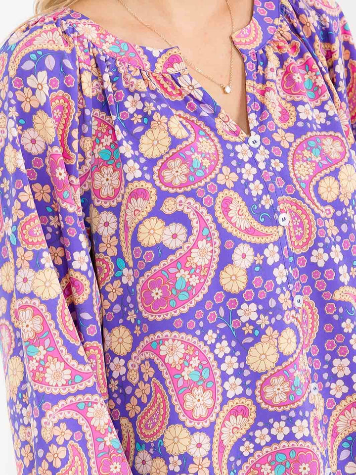 WOMEN'S LONG SLEEVE V-NECK MULTI PRINT BLOUSE