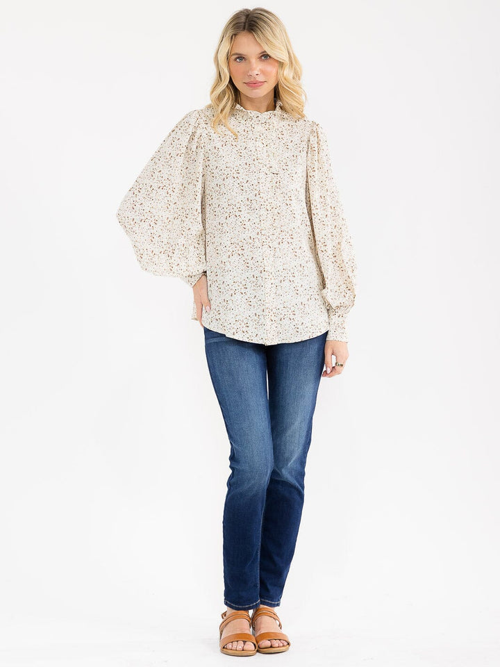 WOMEN'S LONG SLEEVE MOCK NECKBUTTON UP FLORAL BLOUSE