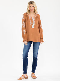 WOMEN'S LONG SLEEVE V-NECK LOOSE FIT TUNIC EMBROIDERY BLOUSE