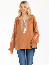 WOMEN'S LONG SLEEVE V-NECK LOOSE FIT TUNIC EMBROIDERY BLOUSE