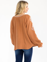 WOMEN'S LONG SLEEVE V-NECK LOOSE FIT TUNIC EMBROIDERY BLOUSE
