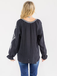 WOMEN'S LONG SLEEVE V-NECK LOOSE FIT TUNIC EMBROIDERY BLOUSE