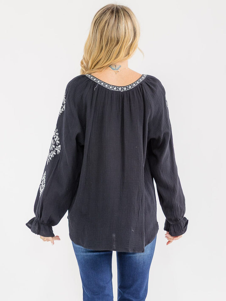 WOMEN'S LONG SLEEVE V-NECK LOOSE FIT TUNIC EMBROIDERY BLOUSE