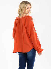 WOMEN'S LONG SLEEVE V-NECK LOOSE FIT TUNIC EMBROIDERY BLOUSE