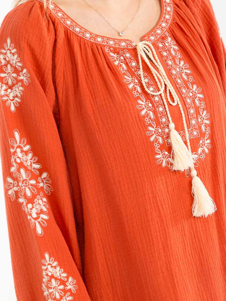 WOMEN'S LONG SLEEVE V-NECK LOOSE FIT TUNIC EMBROIDERY BLOUSE