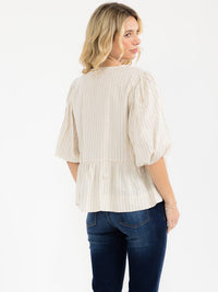 WOMEN'S SHORT SLEEVE FRONT TIE STRIPES PEPLUM TOP