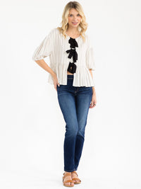 WOMEN'S SHORT SLEEVE FRONT TIE STRIPES PEPLUM LINEN TOP