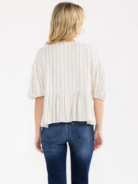 WOMEN'S SHORT SLEEVE FRONT TIE STRIPES PEPLUM LINEN TOP