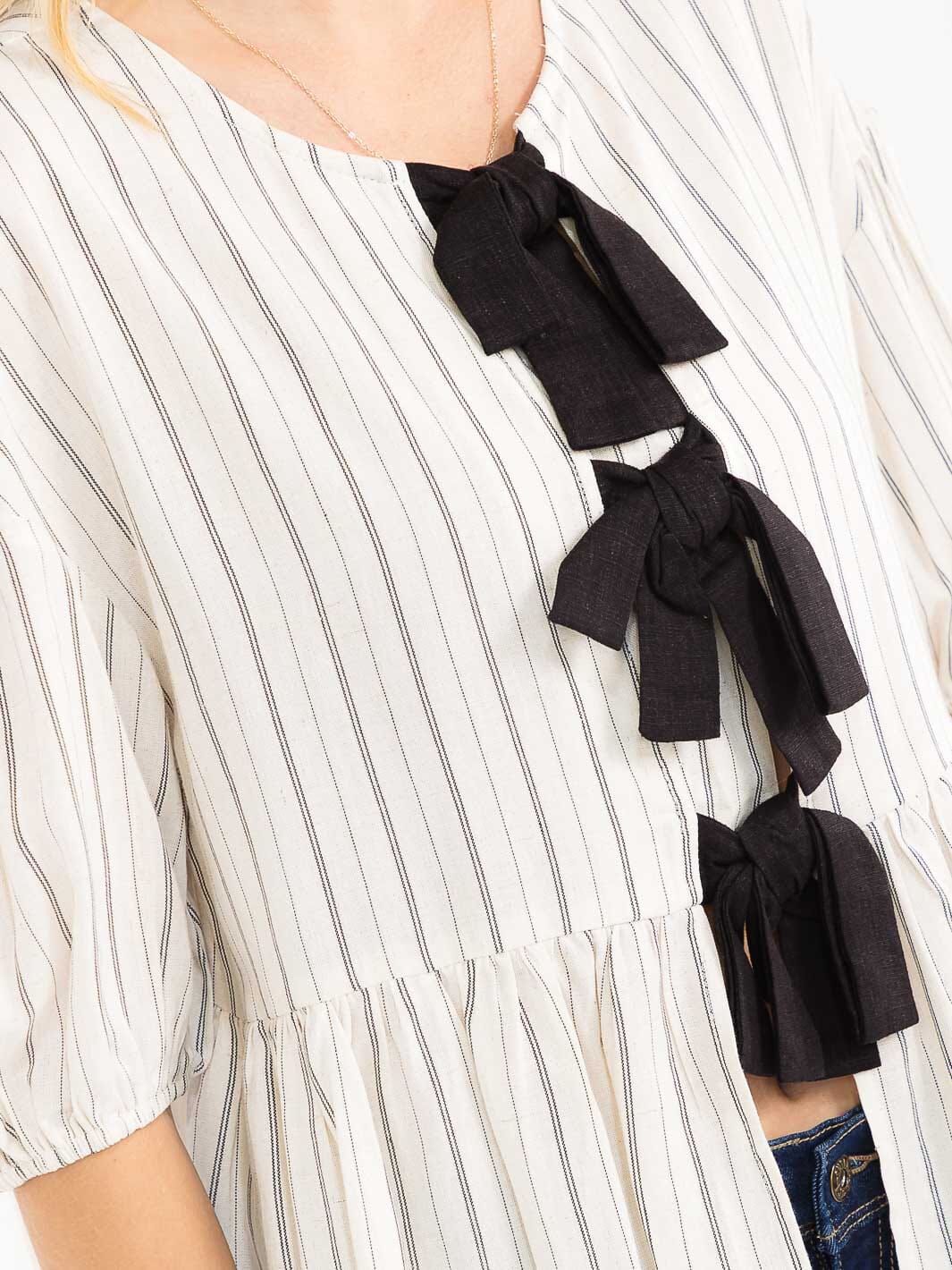 WOMEN'S SHORT SLEEVE FRONT TIE STRIPES PEPLUM LINEN TOP
