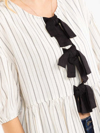 WOMEN'S SHORT SLEEVE FRONT TIE STRIPES PEPLUM LINEN TOP