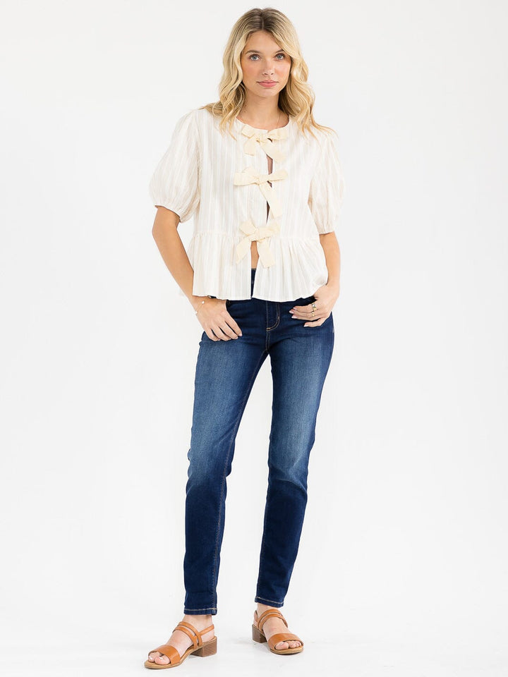 WOMEN'S SHORT SLEEVE FRONT TIE STRIPES OLORBLOCK PEPLUM TOP