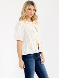 WOMEN'S SHORT SLEEVE FRONT TIE STRIPES OLORBLOCK PEPLUM TOP
