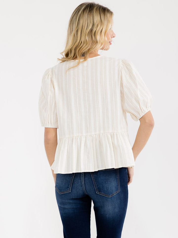 WOMEN'S SHORT SLEEVE FRONT TIE STRIPES OLORBLOCK PEPLUM TOP