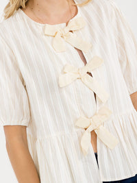 WOMEN'S SHORT SLEEVE FRONT TIE STRIPES OLORBLOCK PEPLUM TOP