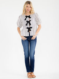 WOMEN'S SHORT SLEEVE FRONT TIE STRIPES OLORBLOCK PEPLUM TOP
