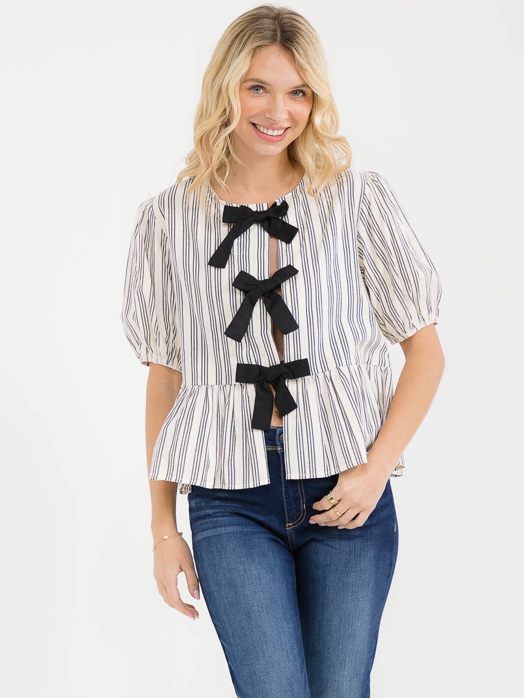 WOMEN'S SHORT SLEEVE FRONT TIE STRIPES OLORBLOCK PEPLUM TOP