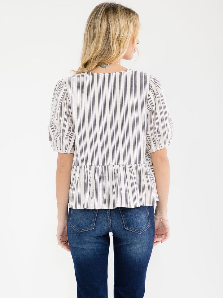 WOMEN'S SHORT SLEEVE FRONT TIE STRIPES OLORBLOCK PEPLUM TOP