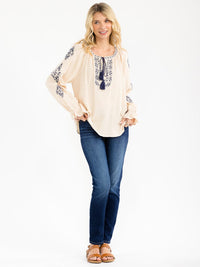 WOMEN'S LONG SLEEVE V-NECK LOOSE FIT TUNIC EMBROIDERY BLOUSE