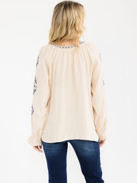 WOMEN'S LONG SLEEVE V-NECK LOOSE FIT TUNIC EMBROIDERY BLOUSE